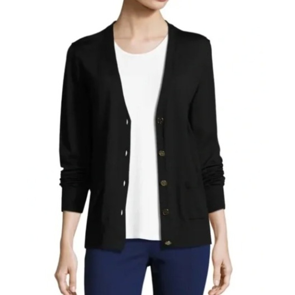 Tory Burch Black 100% Merino Wool Cardigan Sweater Classic‎ Button Pockets M